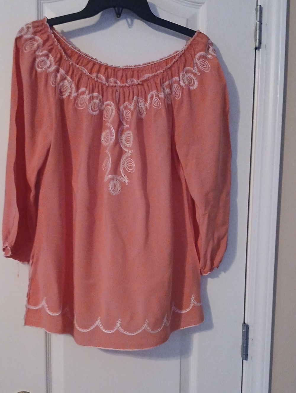 Sunny Leigh Coral Peach Off-Shoulder Peasant Top